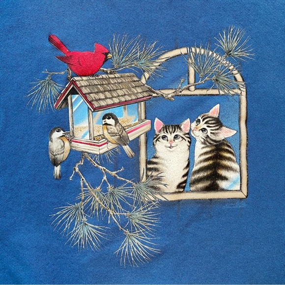 Vintage 90s Morning Sun Cats And Birds Nature Mock Turtleneck Sweatshirt - Picture 3 of 6